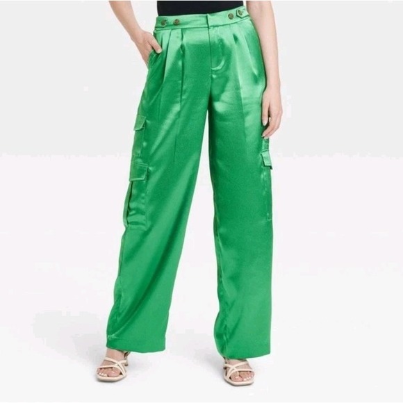 a new day Pants - A New Day Women's Straight Relaxed High Rise Satin Cargo Pants Glossy